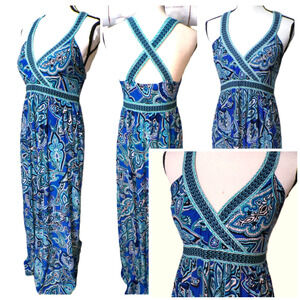 Y2k Maxi Halter Babydoll Dress S Teal Blue Paisley Criss-Cross Back Boho Fairy